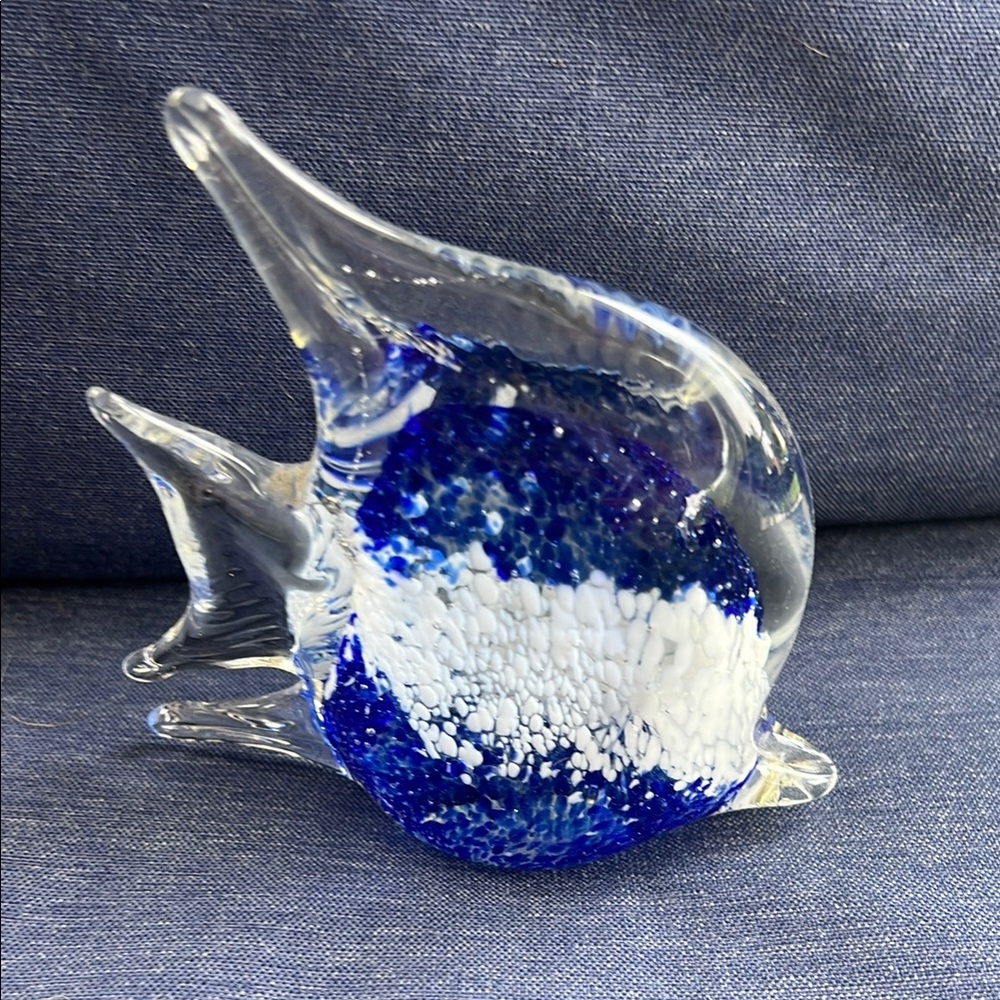 Hand Blown Angel Fish Art Glass Figurine Cobalt Blue and White